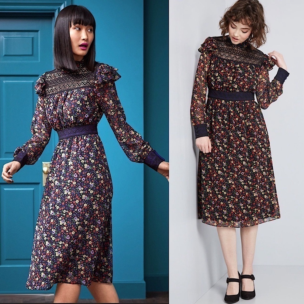 ANNA SUI 70s Floral Chiffon Lace Trim High Neck Ruffled Long Sleeve Midi Dress 8